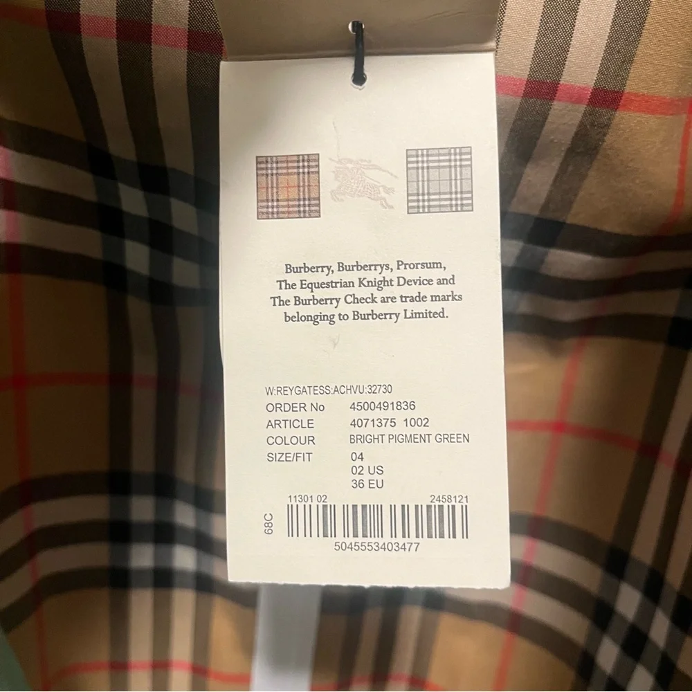 NWT Burberry US 2 Bright Pigment Green Notch Collar Double Breasted Trench Coat - Picture 10 of 13